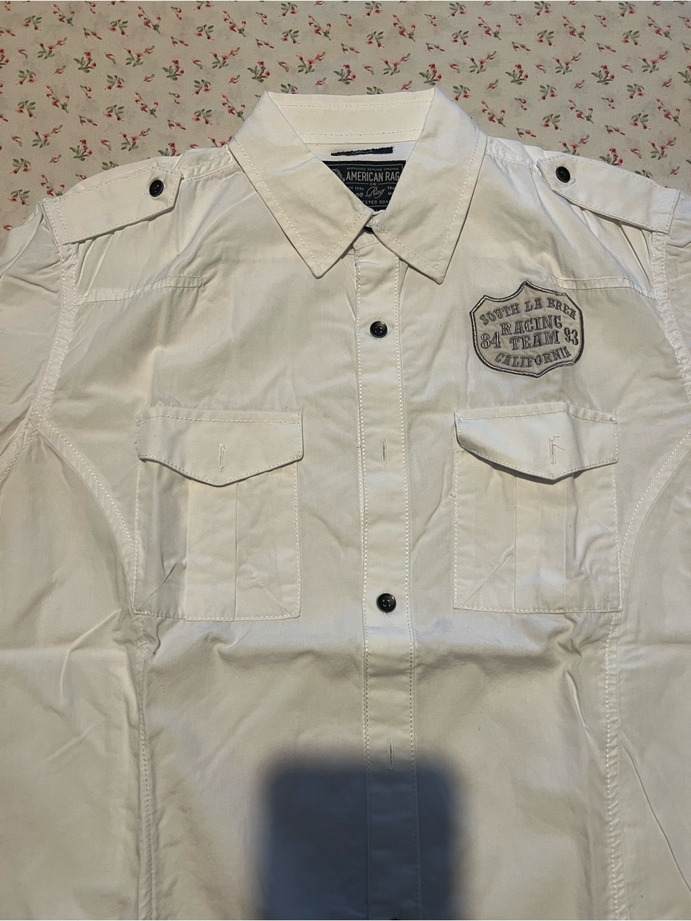 † American Rag White Racing Patch Button Up Shirt - Small - Picture 3 of 5